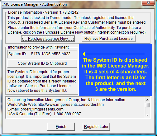 IMG License Manager with System ID notes